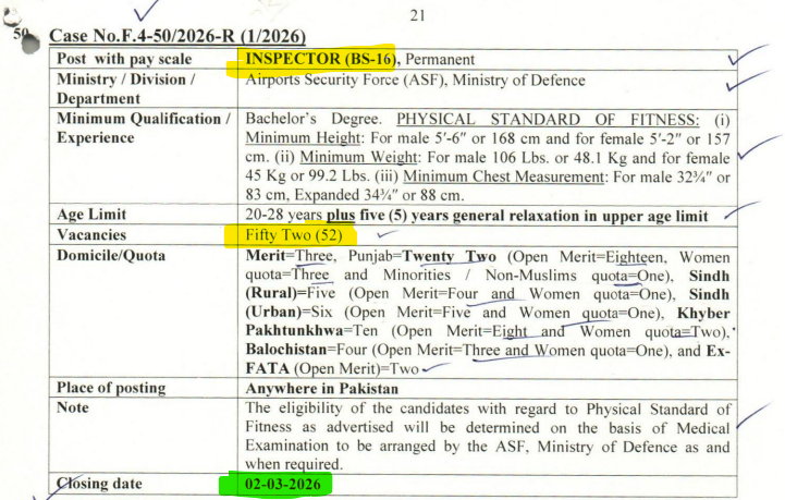 ASF Inspector (BS-16) Jobs 2026